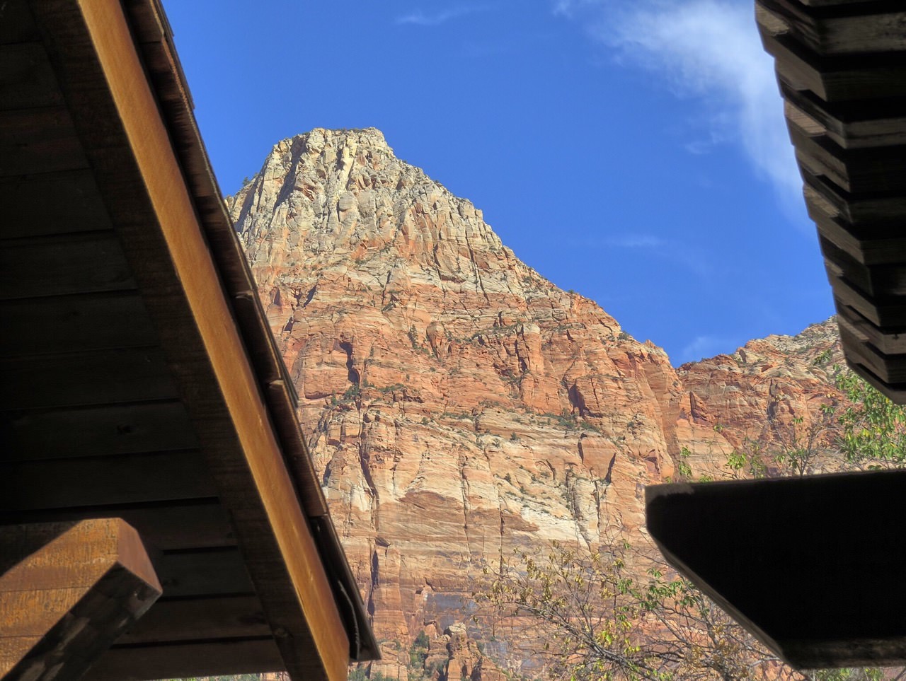 The view between the two covered shuttle waiting areas